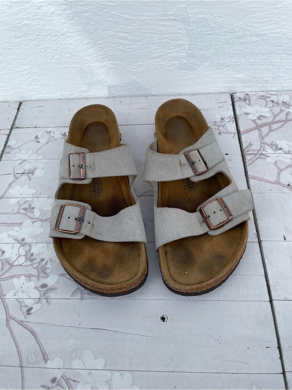 Birkenstock Men's Two-Strap Suede Slide Sandals in Light Gray